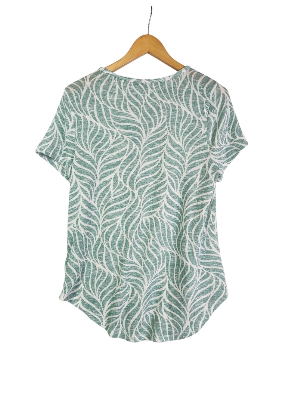 Daisy + Coco Green Leaf Print Notch Neck Top Size Large Casual Coastal Boho Knit - Picture 5 of 15